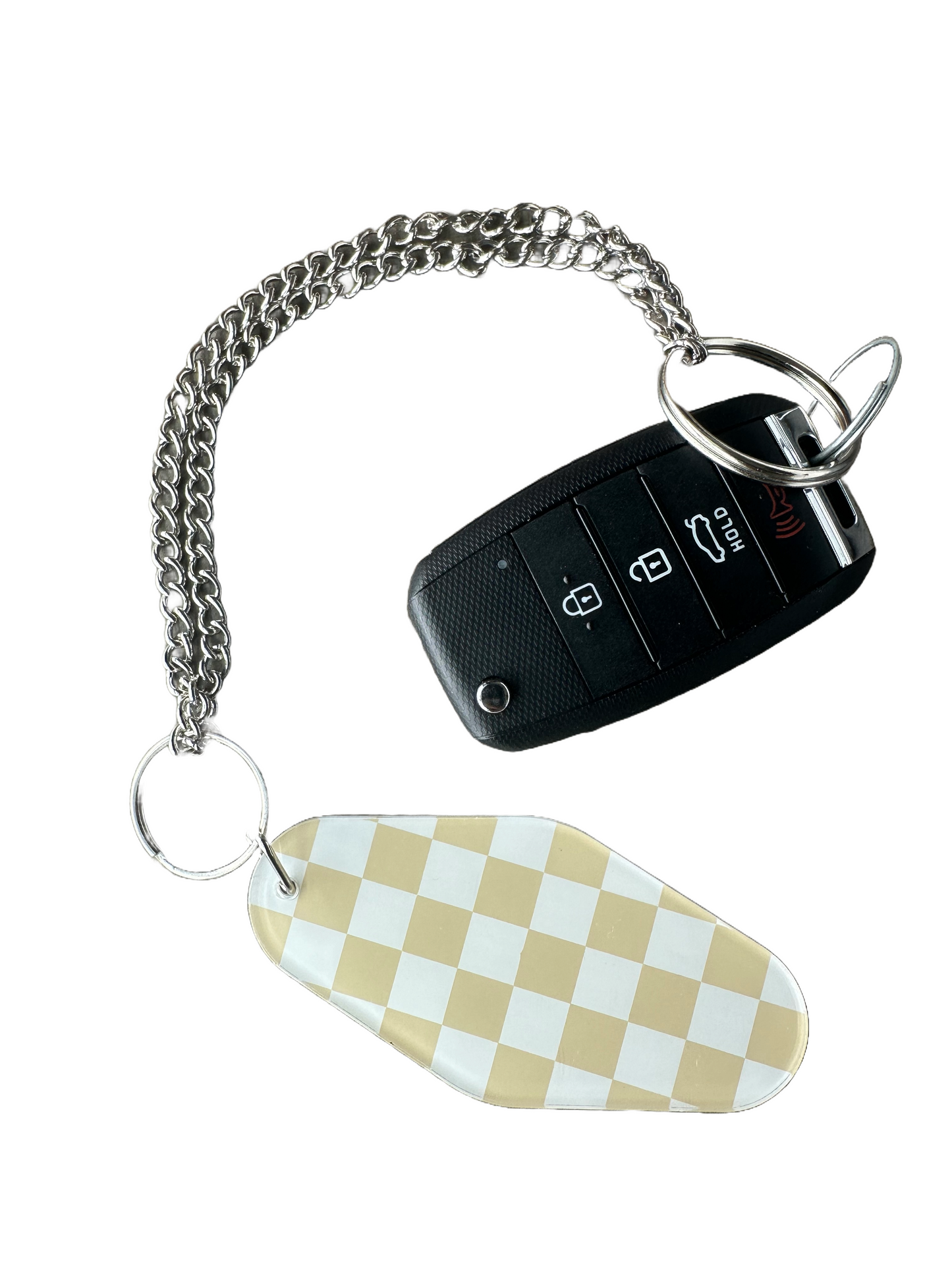 Tan & White Checkered Keychain | Extended Silver Chain |