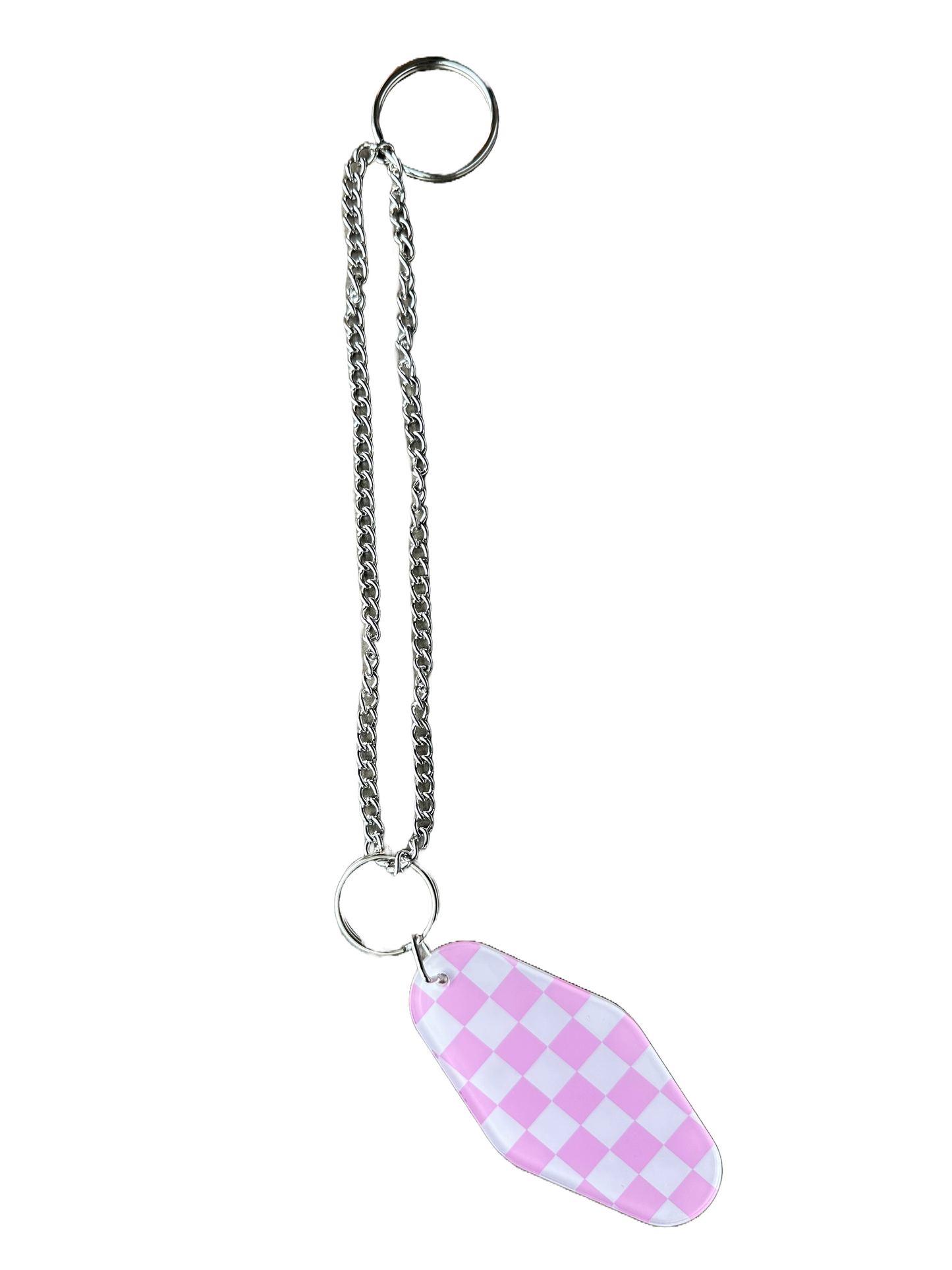 Pink & White Checkered Keychain | Extended Silver Chain |