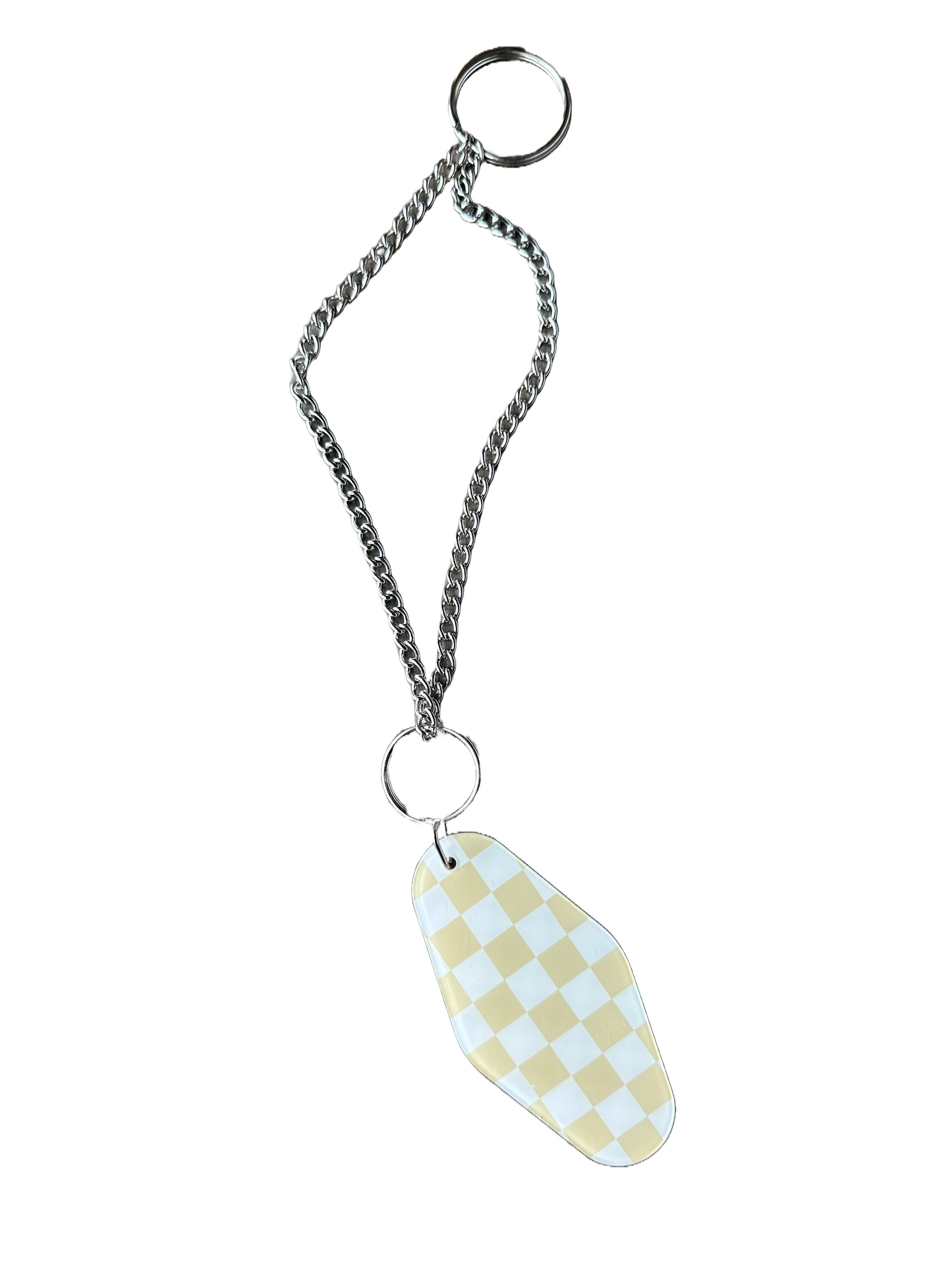 Tan & White Checkered Keychain | Extended Silver Chain |