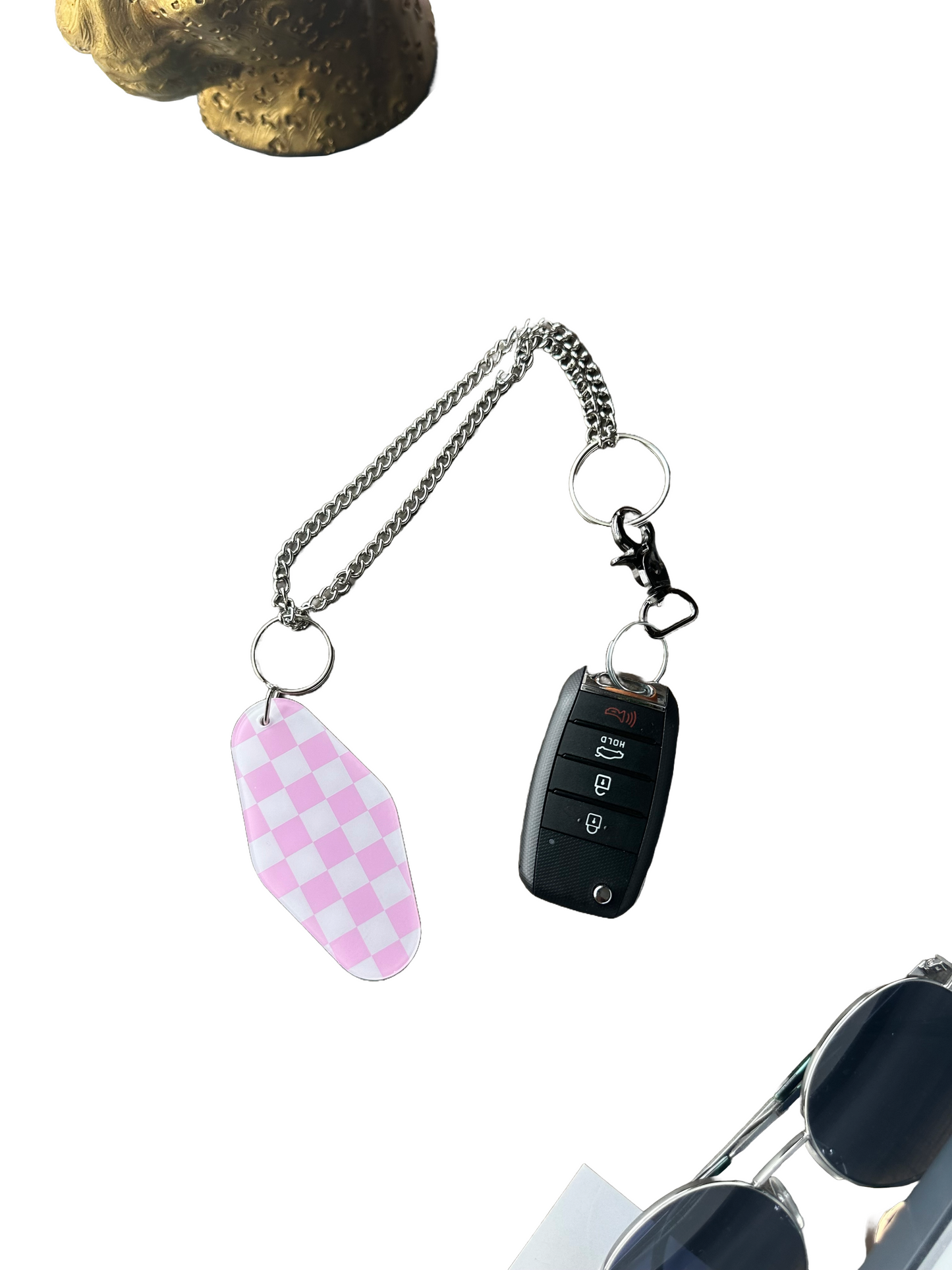 Pink & White Checkered Keychain | Extended Silver Chain |