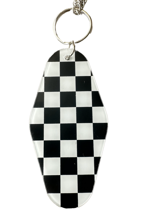 Black & White Checkered Keychain | Extended Silver Chain |