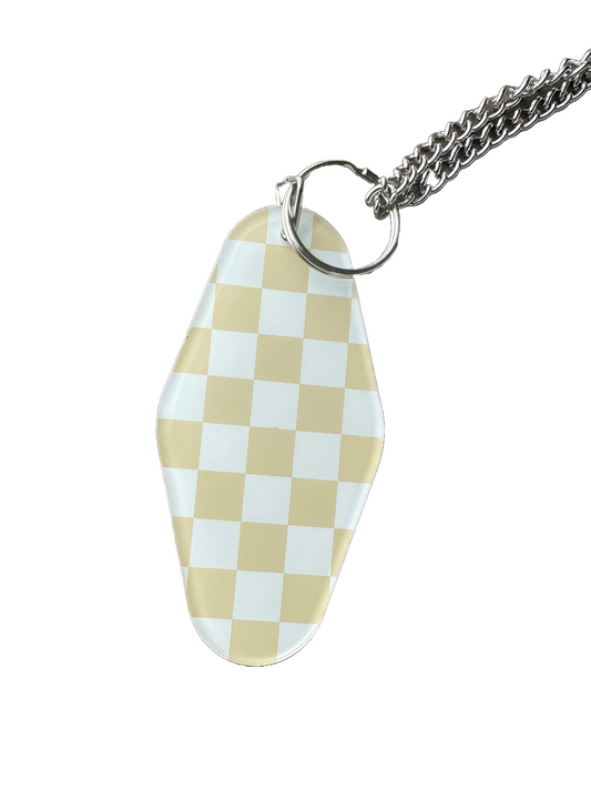 Tan & White Checkered Keychain | Extended Silver Chain |