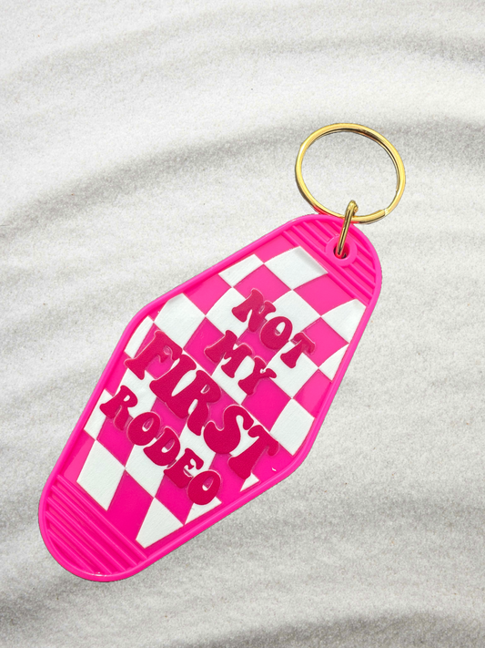 Pink Checkered Keychain | “Not My First Rodeo” Design | Customizable Gift