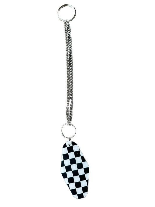 Black & White Checkered Keychain | Extended Silver Chain |