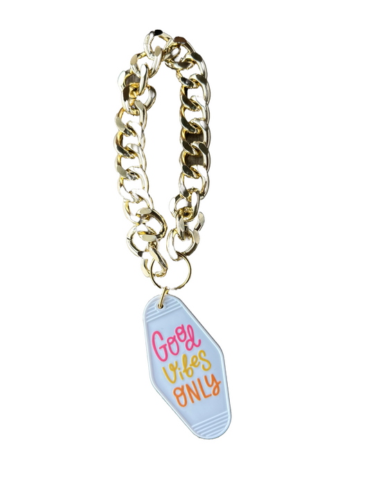 Gold Wristlet Keychain | Good Vibes Only | Pink White & Orange | Customizable Gift | Custom Keychain