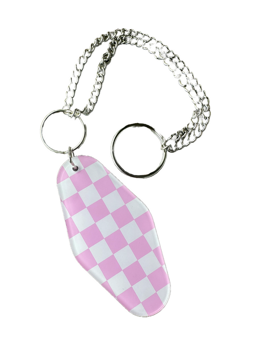 Pink & White Checkered Keychain | Extended Silver Chain |