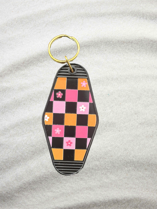 Custom Checkered Keychain – Black with Pink & Orange | Personalized Gift for Her